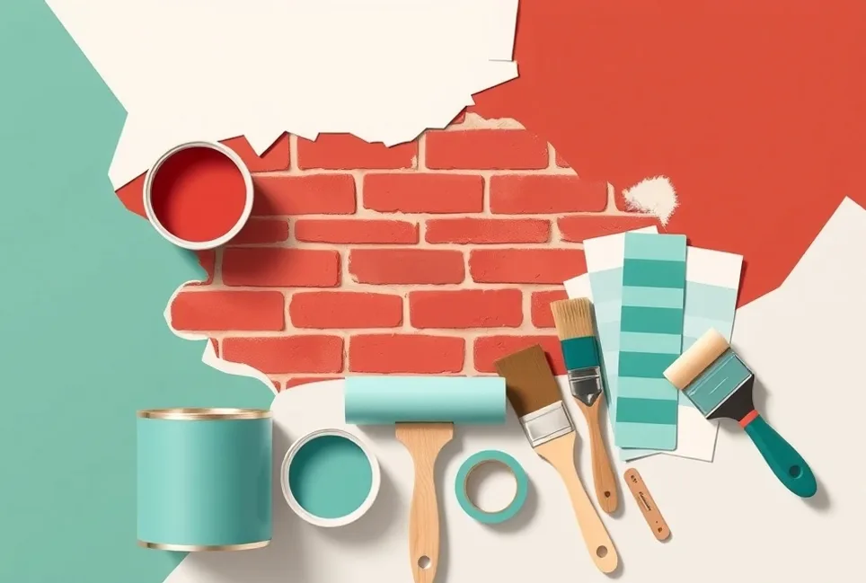 Pots de peinture, nuancier, brosses et rouleaux disposés à plat
