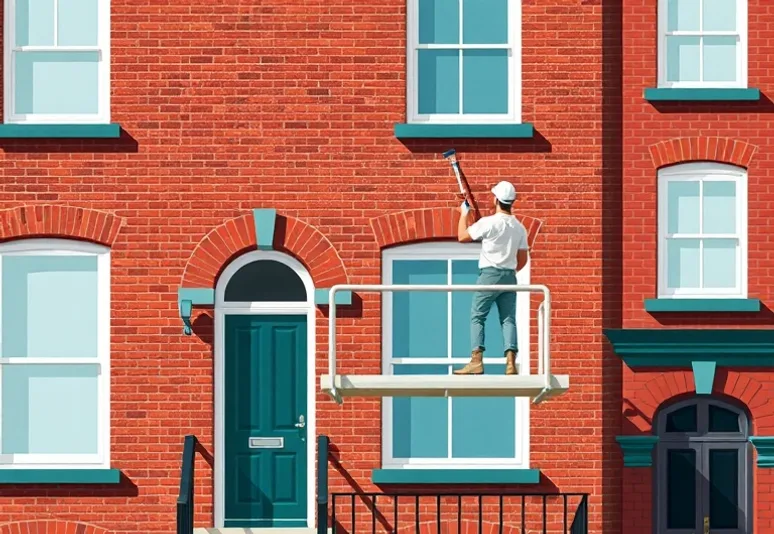 Peintre sur échafaudage traitant la façade d'une maison